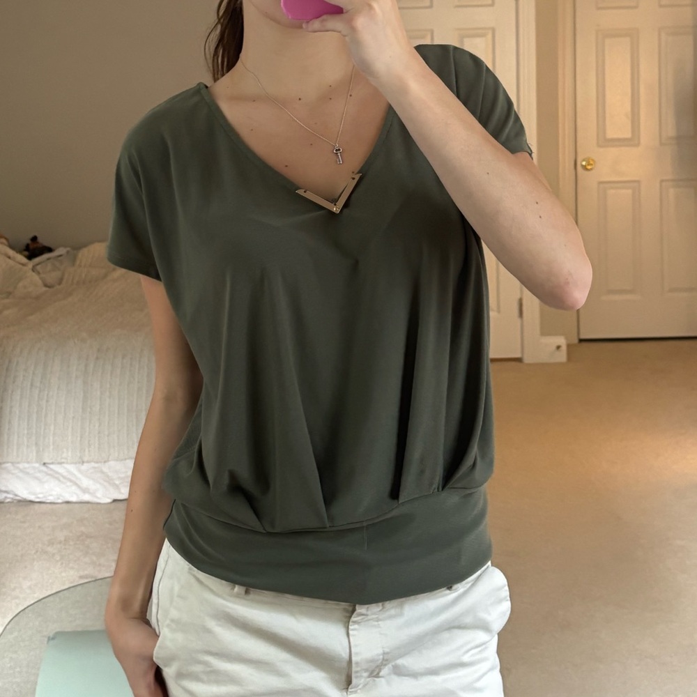 AUW Dark olive Green V-Neck Blouse with gold neck detail